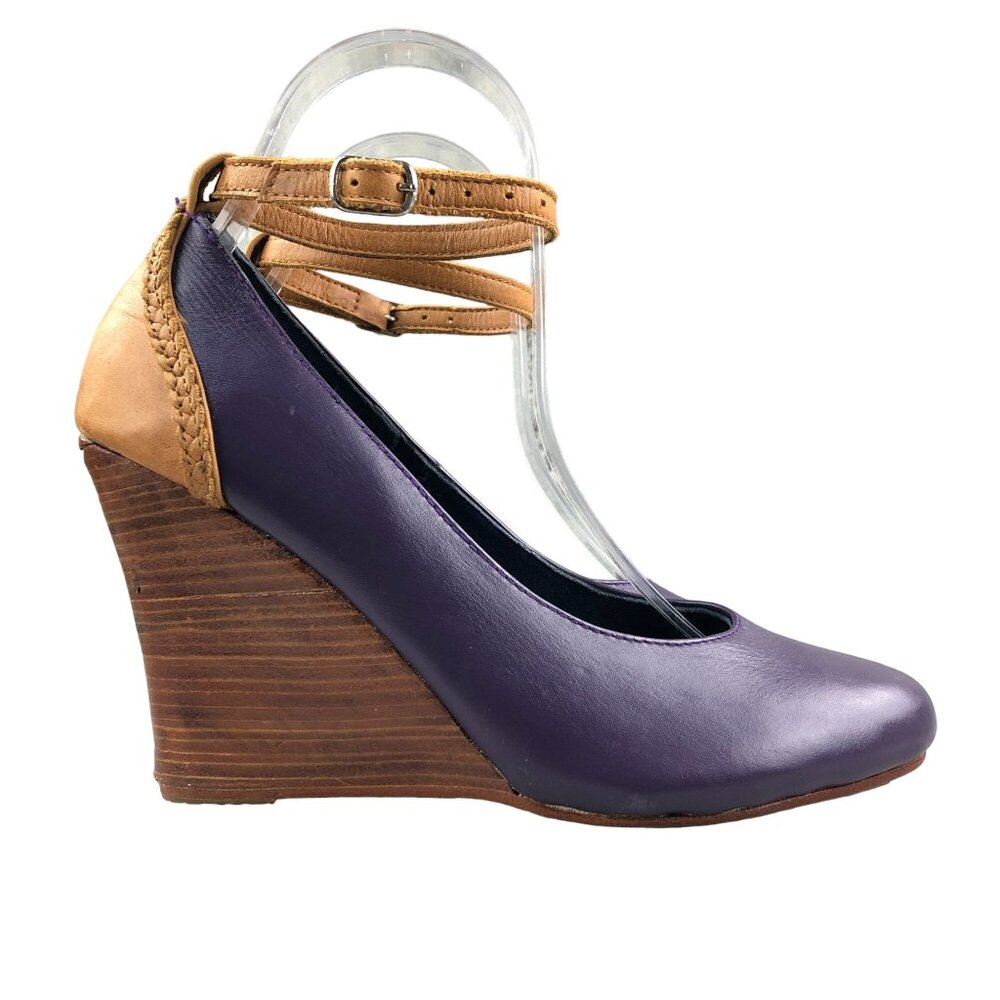 ELF Women's Size DIFF SIZ Purple Brown Leather Closed Toe Ankle Strap Wedge Pump